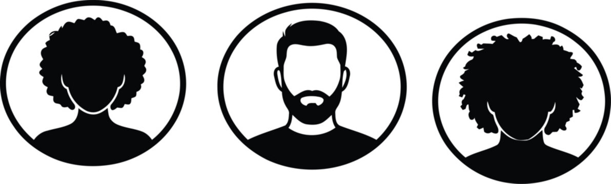 Diverse profile icons set black silhouette faces in circular frames