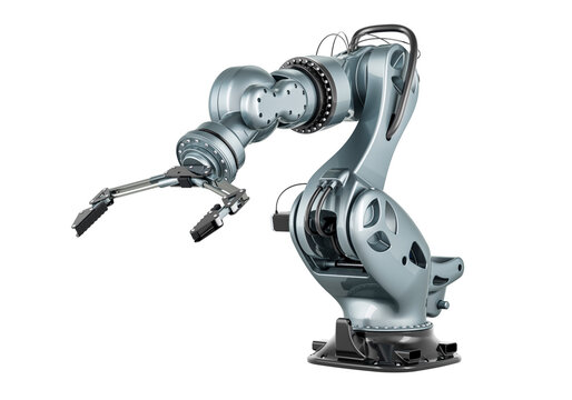 Blue industrial six axis robotic arm, manufacturing robot isolated on transparent background PNG