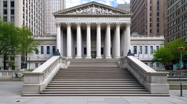 New York courthouse with colonnade and stairs. Buildings in the background, bright day