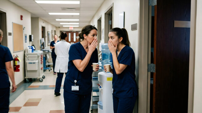 Two women nurses talking and gossiping in hospital corridor. Medical staff drinking coffee during break time. Healthcare professional working in clinic. Communication and break concept.