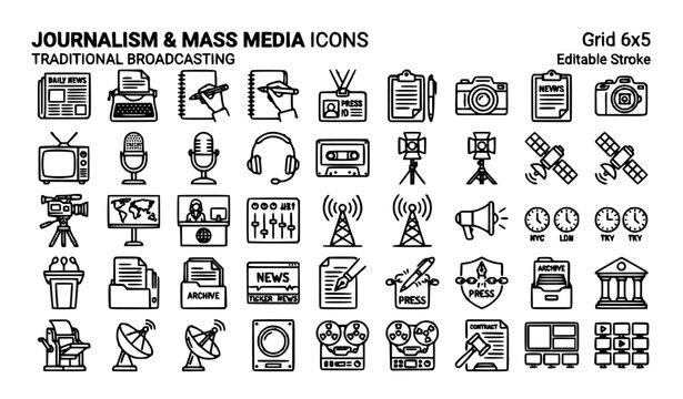 Journalism and mass media outline icons vector set. Public broadcasting and news reporter linear symbols collection.