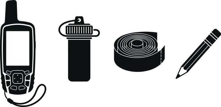 Geocaching Equipment Silhouette Icon Set with Handheld GPS Device Waterproof Container Logbook Roll and Pencil for Outdoor Adventure Designs