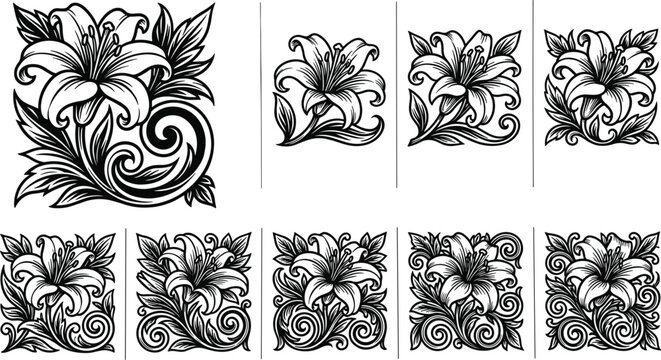 Set of vintage baroque lily flower silhouettes with decorative scroll swirls and botanical leaf accents for elegant woodcut style engraving and classic ornamental border vector design