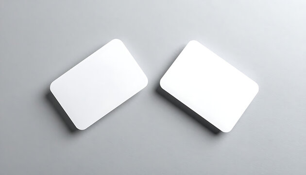 Two blank white plastic cards with rounded corners cast shadows on a light gray surface, clean presentation for mockup