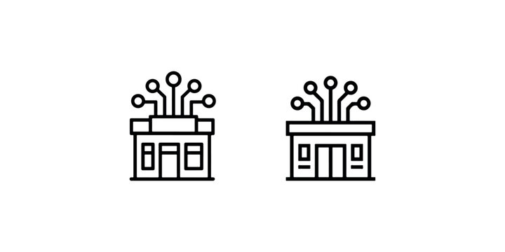 Modern abstract digital building network concept with circuit board nodes connected to architecture structure simple line art icons.