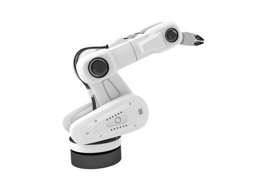 White industrial robotic arm, collaborative robot isolated on transparent background PNG
