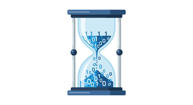 Digital Time Concept Hourglass with Binary Code Data Flowing, Flat Vector Illustration of Information Processing and Data Management