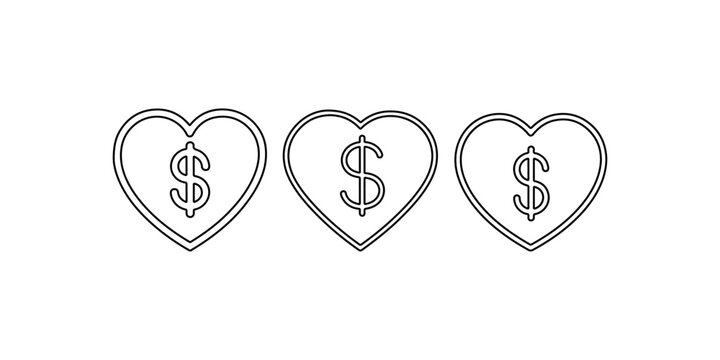 Heart with dollar sign vector icon set, three instances of heart shapes enclosing dollar symbols, representing financial love and charity.