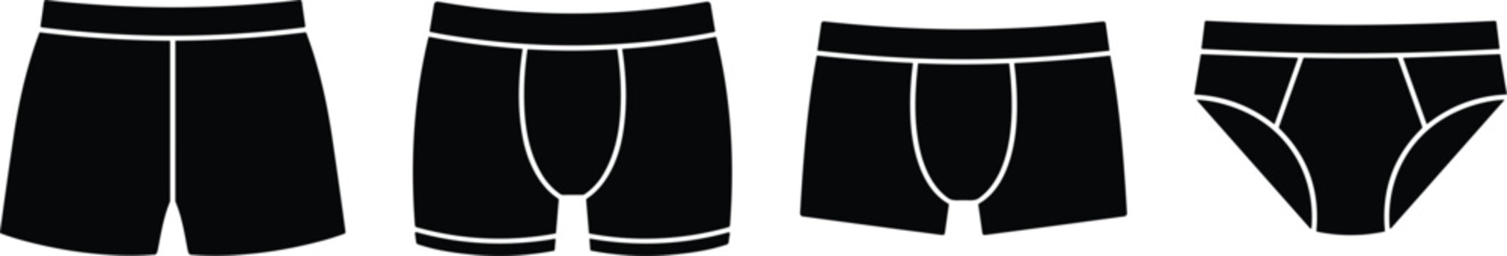 Mens Underwear Silhouette Icon Set with Loose Boxer Shorts Boxer Briefs Trunks and Classic Swim Style Briefs Layouts