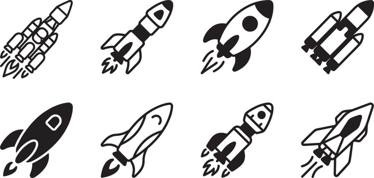 Dynamic rocket ship set showing various flight angles and launch stages for aerospace and space exploration projects