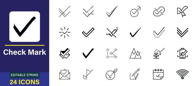 Collection of check mark icons in a clean modern style on a white background with a blue sidebar