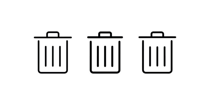 Minimalist trash bin icon set for waste management and file deletion functions in computer operating systems or mobile application user interface layout.