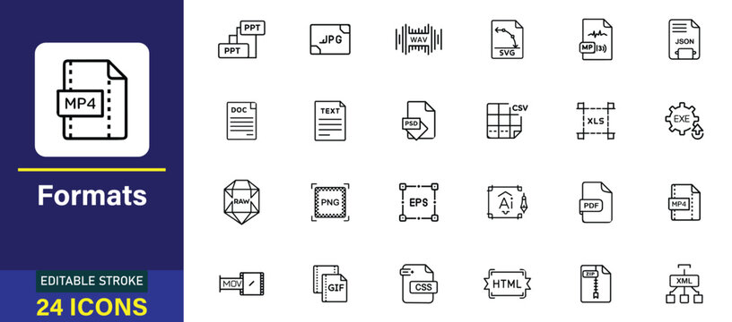 Digital file format icons in a clean outline style on a white background with a blue sidebar