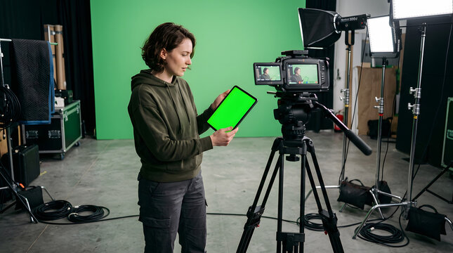 A woman in a green hoodie standing in front of a green screen holding a tablet with a green screen in a video production studio with camera and lighting equipment