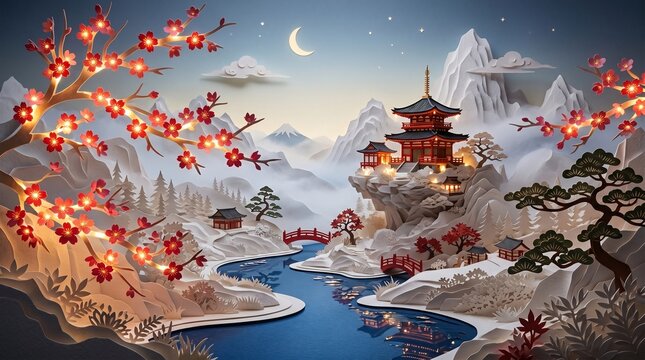 Moonlit Japanese Winter Temple Landscape
