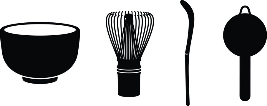 Traditional Japanese Matcha Tea Ceremony Utensil Silhouette Icon Set with Chawan Bowl Chasen Bamboo Whisk Chashaku Scoop and Sifter