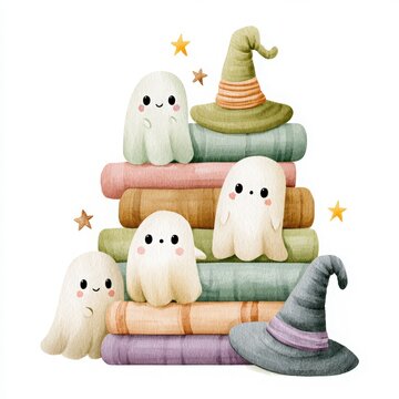 Cute Ghosts with Witch Hats and Spell Books, Watercolor Halloween Clipart