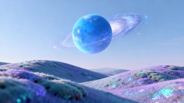 Futuristic alien landscape with glowing planet