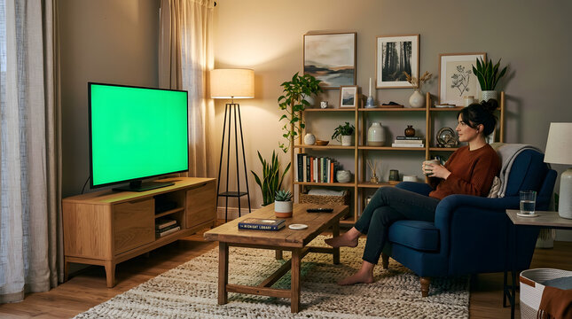 Woman sitting on blue armchair watching green screen tv in cozy living room with wooden furniture and plants