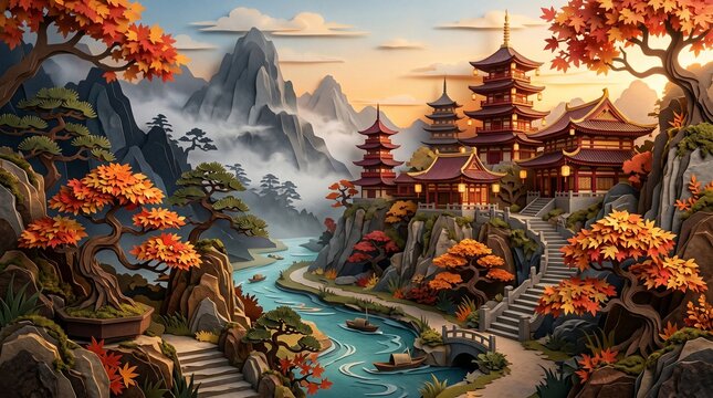 Golden Autumn Pagoda River Landscape
