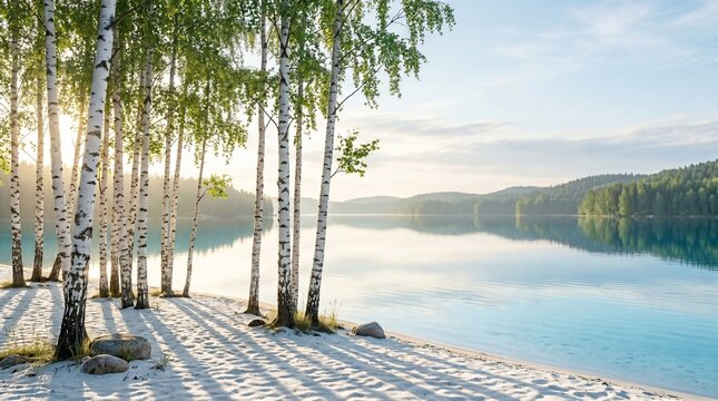 Serene Birch Lake Winter Morning Landscape
