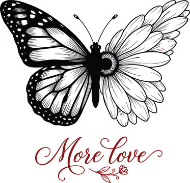 Surreal half butterfly half flower vector illustration with elegant red cursive script calligraphy text on white background