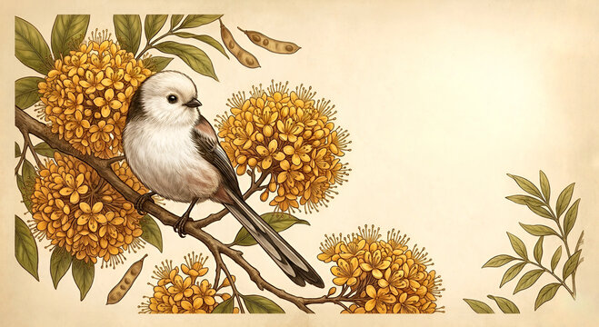 Three Holy Trees: Long-tailed tit(shimaenaga) on Saraca asoca flower, symbol of happiness and love, antique botanical art illustration |
三大聖樹：無憂樹(ムユウジュ)の花にとまるシマエナガ、幸福と愛の象徴、アンティーク風ボタニカルアート