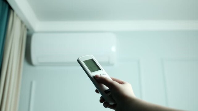 Close-up footage of a hand using a remote control to operate a modern air conditioner. Ideal for advertising, technology presentations, home comfort concepts, climate control services, and smart home 