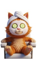 Fototapeta premium A cute ginger cat in 3D, relaxing in a spa with a towel and cucumber eye mask, sitting on a chair, isolated on a white background. A cozy wellness and self-care concept. Animal care and grooming.