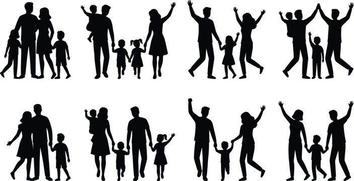 Large collection of family silhouettes walking jumping and waving hands including parents with children isolated on white background
