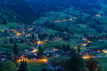 Night scene of the Grindelwald village on the pasture with wooden chalets and street lamps in summer. © Siyue