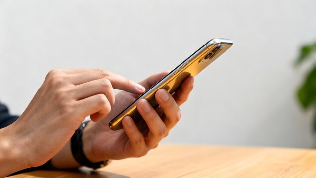 Hands using a gold smartphone