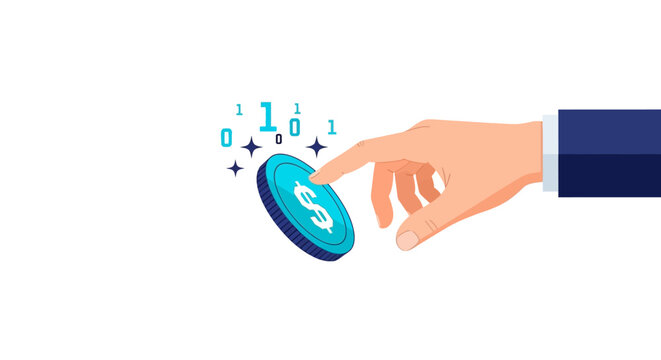 Businessman Hand Touching Digital Dollar Coin with Binary Code Symbols, Financial Technology and Online Payment Concept Illustration on White Background