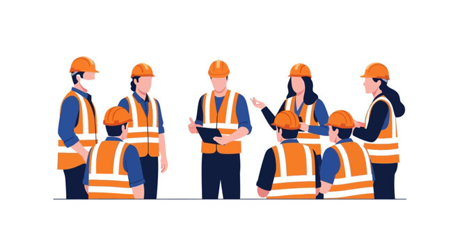 Construction Team Meeting with Workers in Safety Gear and Hard Hats Vector Illustration