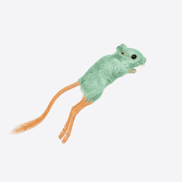 Needle felted green jerboa jumping mouse toy figurine isolated on plain background.