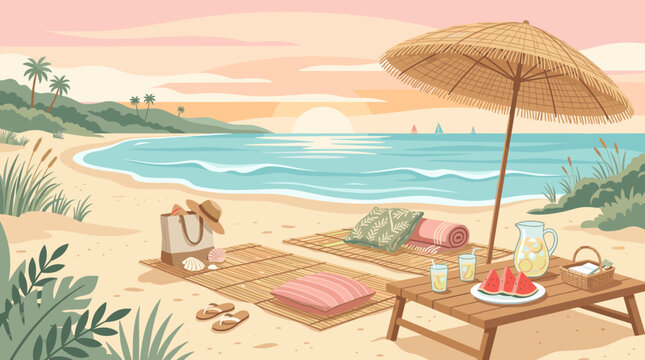 An inviting beach picnic setup with a wooden table, fresh watermelon, drinks, and straw mats under a parasol, perfect for summer travel, vacation themes, and relaxation designs.