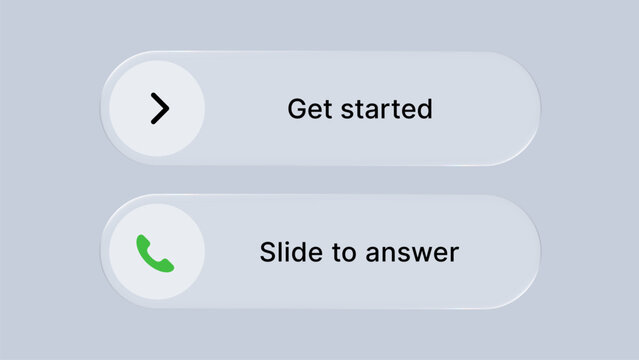 Liquid glass morphism vector button with get started and slide to answer text. Interactive UI component for mobile application. Modern frosted glass effect digital user interface design.