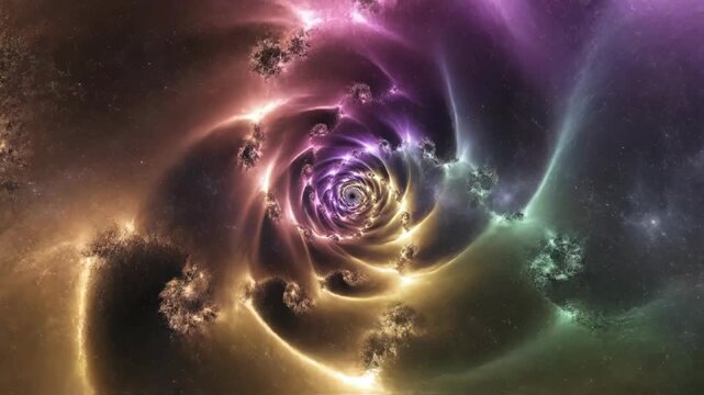 Abstract glowing fractal nebula with symmetrical spiral geometry, featuring electric blue plasma arms, purple nodes, and a golden core set against a dark starry space background.