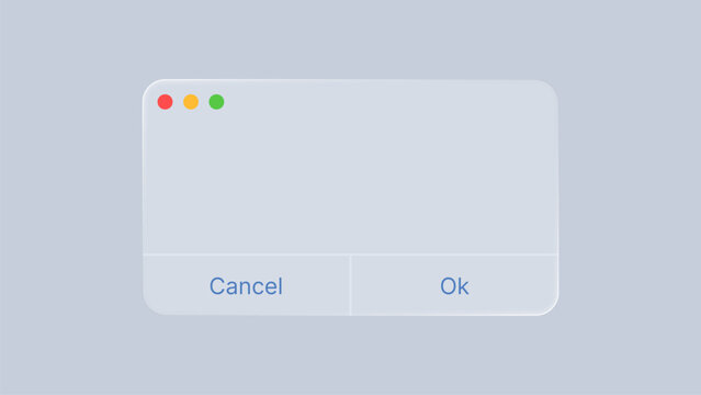 Modal popup window designed in liquid glass morphism style. Modern translucent user interface element with operating system buttons. Minimalist digital design for application interface.