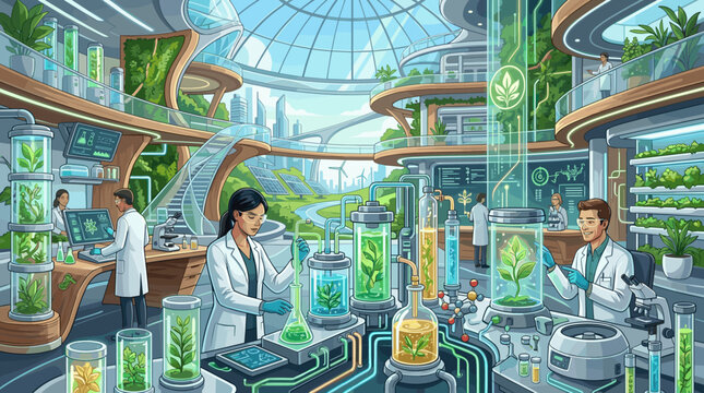 Scientists conduct research in a modern, sustainable botanical lab filled with high-tech equipment, hydroponic plants, and innovative technology for a greener future.