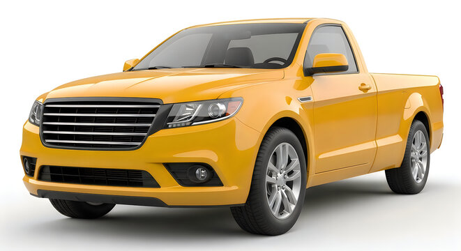 Shiny yellow single cab pickup truck with modern silver wheels and black grille captured in a studio setting on white background