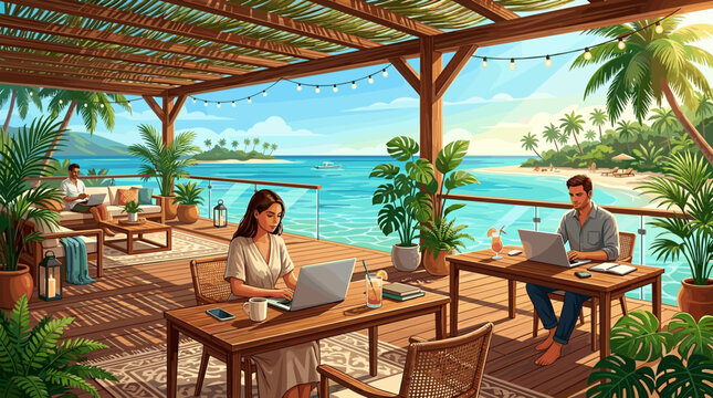 People working remotely on laptops at a tropical beach terrace. A sunny workspace with palm trees, ocean view, and relaxing summer vibes for digital nomads and business travel.