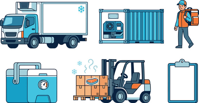 Cold Chain Logistics and Refrigerated Transport Icon Set Featuring Reefer Truck Shipping Container Delivery Courier Forklift Cooler Box and Clipboard Graphic Elements