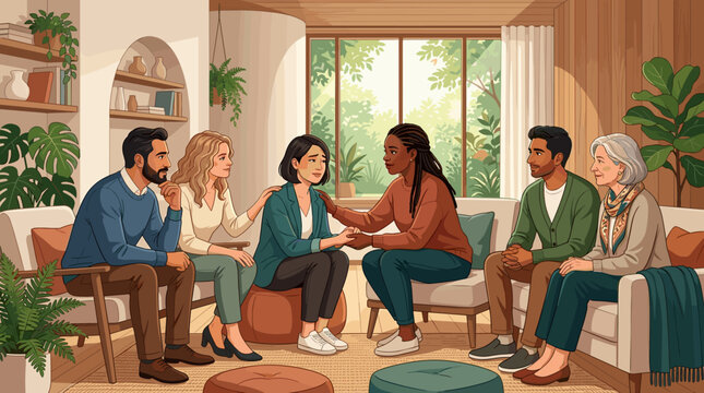 A diverse group of people sitting in a circle during a therapy session, offering comfort and support to a crying woman. A peaceful, empathetic scene for mental health concepts.