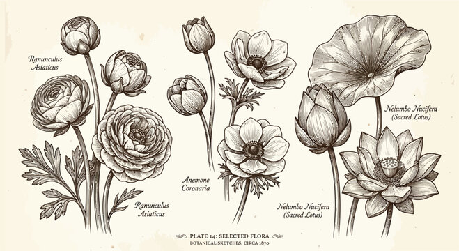 Botanical Illustration Of Ranunculus Anemone And Lotus Flowers Circa 1870