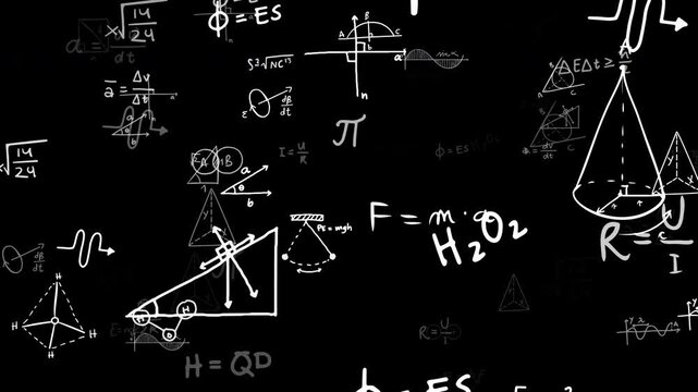 Flying Math Formula Equations Overlay Science Symbols. Math Calculation Meme on Black Background. Confused Math Lady woman. Concept of thinking, confusion, calculating, cognitive, learning.