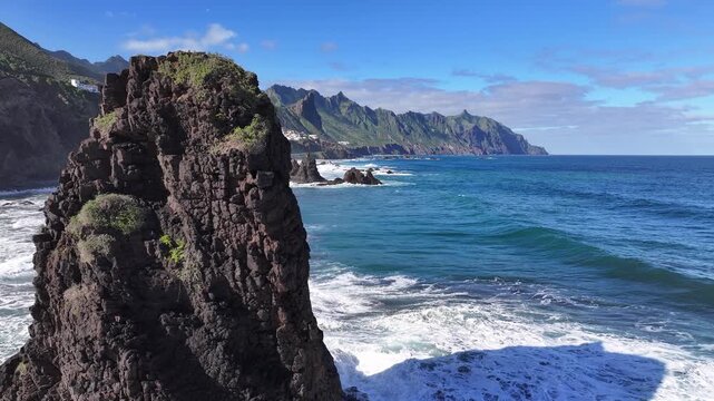 Wild Atlantic Coastline at Benijo Beach, Northern Tenerife, Spain, Aerial video.