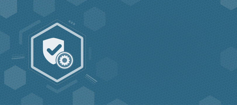 This modern abstract background features a digital shield icon with gear settings for customizable security solutions. Ample copy space allows for professional branding and text overlay.