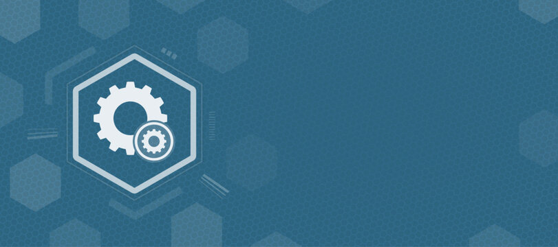 An abstract digital illustration featuring gears and settings icons on a blue hexagonal pattern background with ample copy space for custom text overlays and creative design integration.
