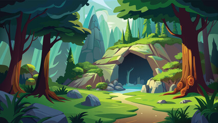 Enchanted forest cave entrance with waterfall and path during daytime in a stylized vector illustration